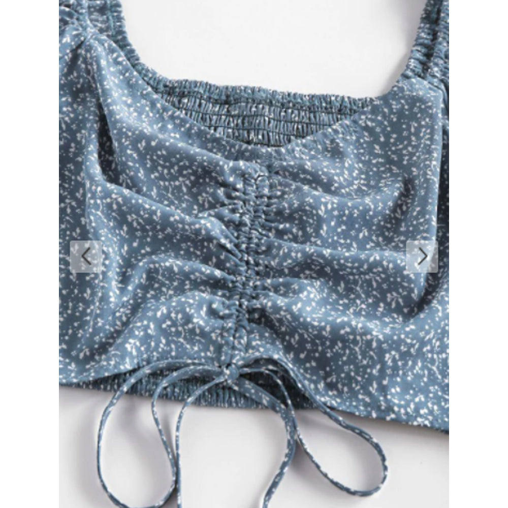 Zaful- Ditsy Print Cinched Flounce Tie Two Piece Skirt Set - Light Blue