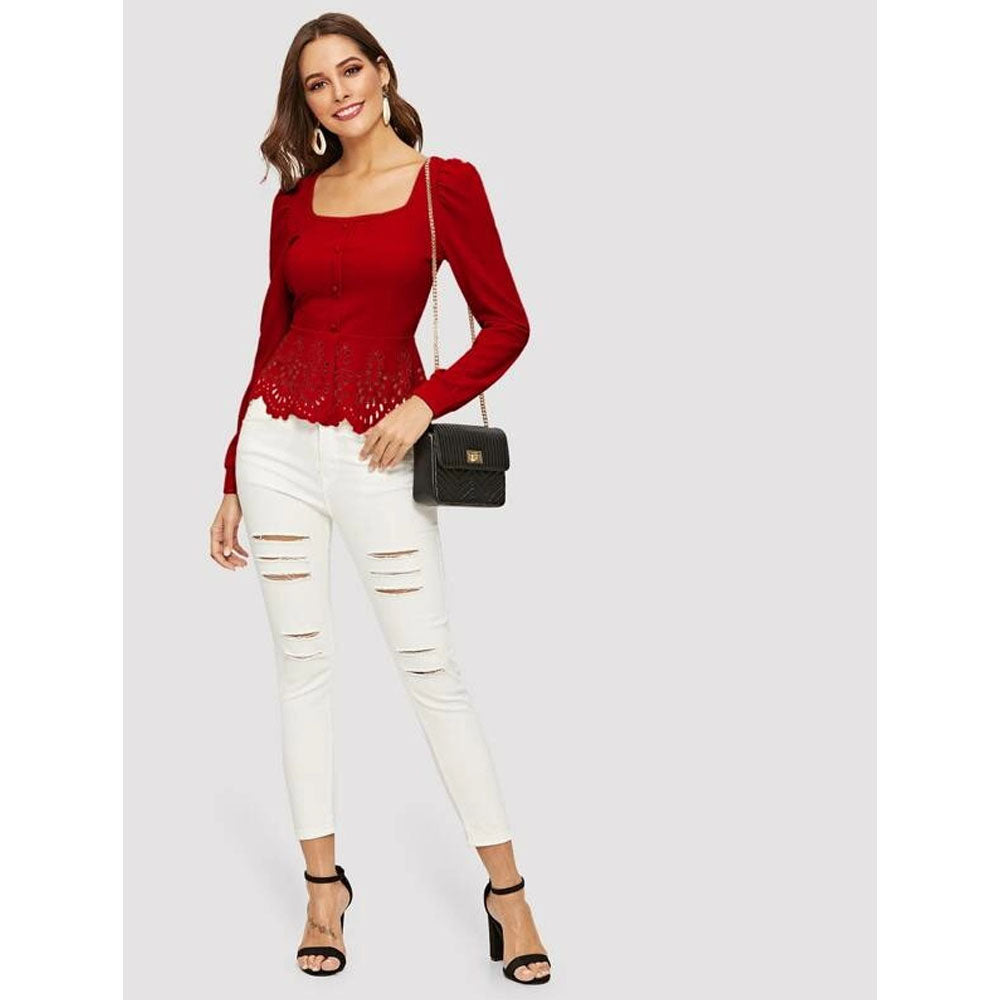 Romwe- Buttoned Front Laser Cut Hem Puff Sleeve Top