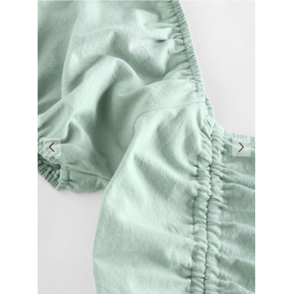 Zaful- Cinched Smocked Puff Sleeve Crop T Shirt - Light Green