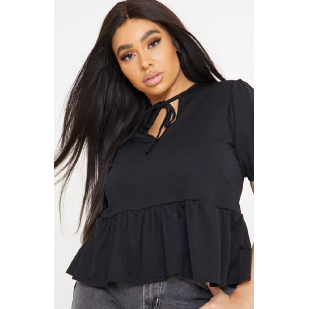Missguided- Plus Size Black Tie Front Peplum Top