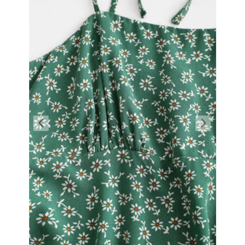 Zaful- Tie Shoulder Tiny Floral Mini Dress - Sea Turtle Green