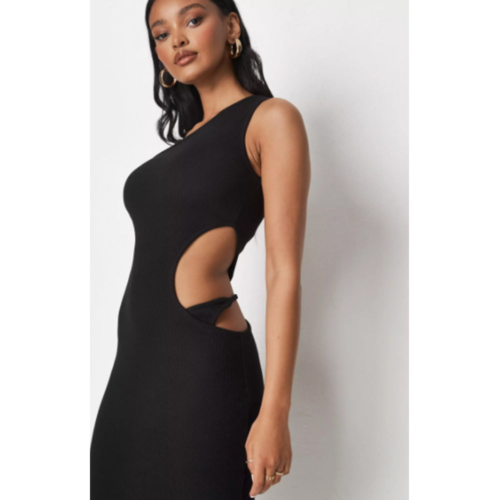 Missguided- Black Rib Cut Out Thong Detail Midaxi Dress – Amreki