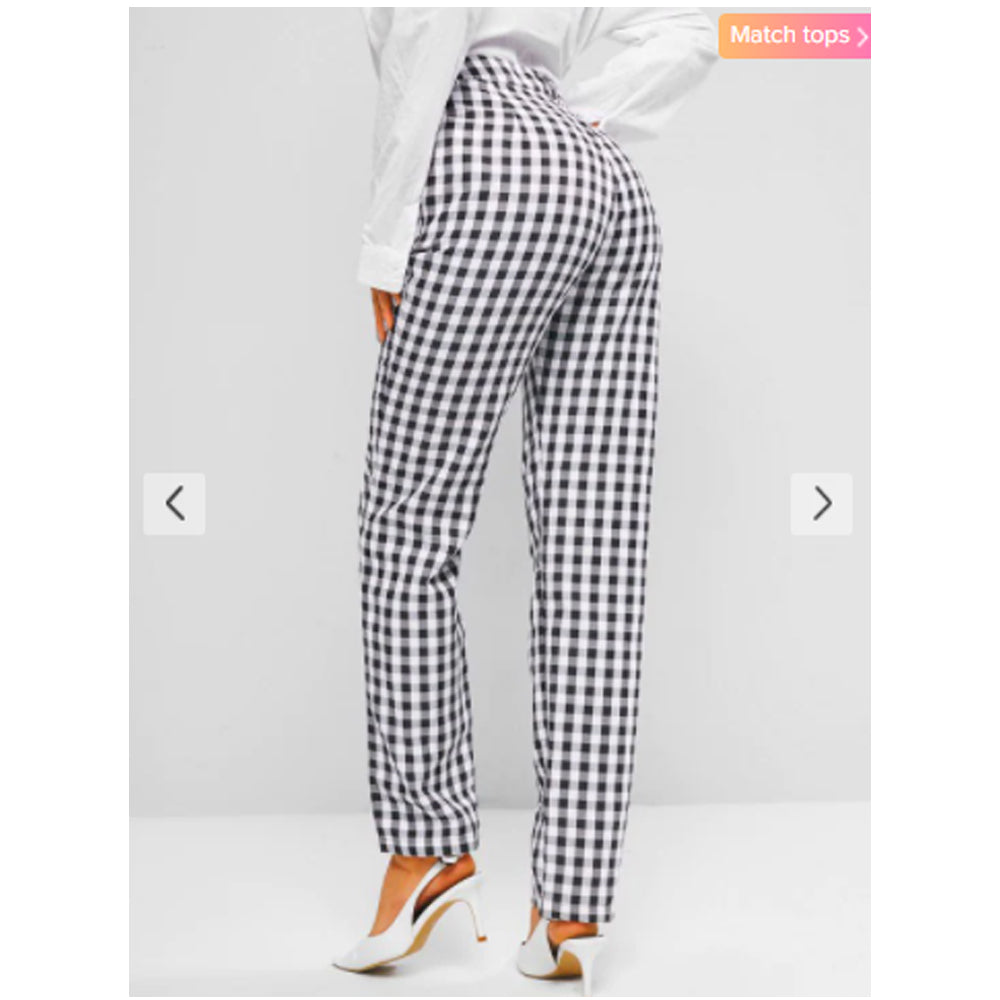 Zaful- Gingham Pocket Straight Pants - Black