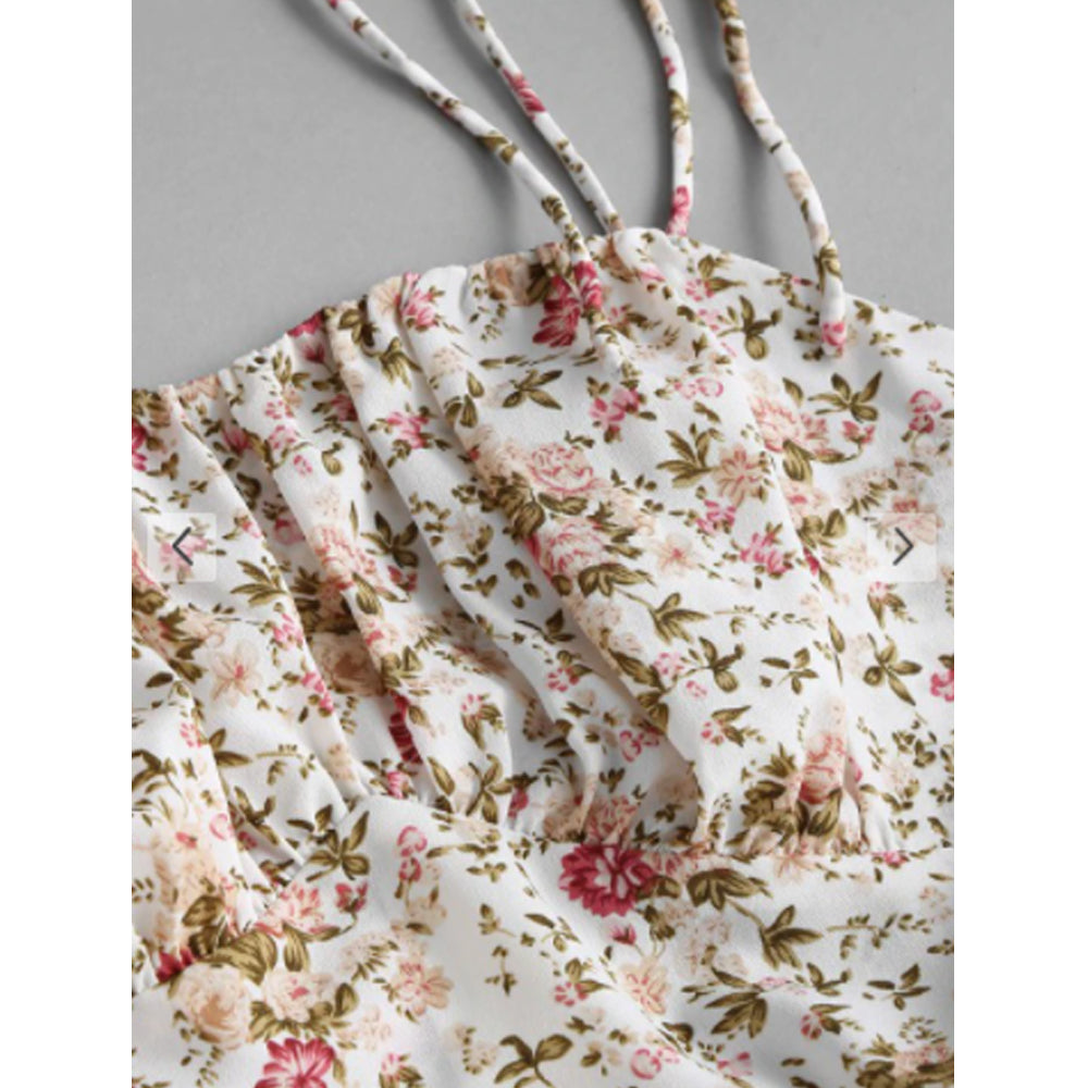 Zaful- Floral Tied Shoulder Ruched Bust Slit Tiered Dress - White