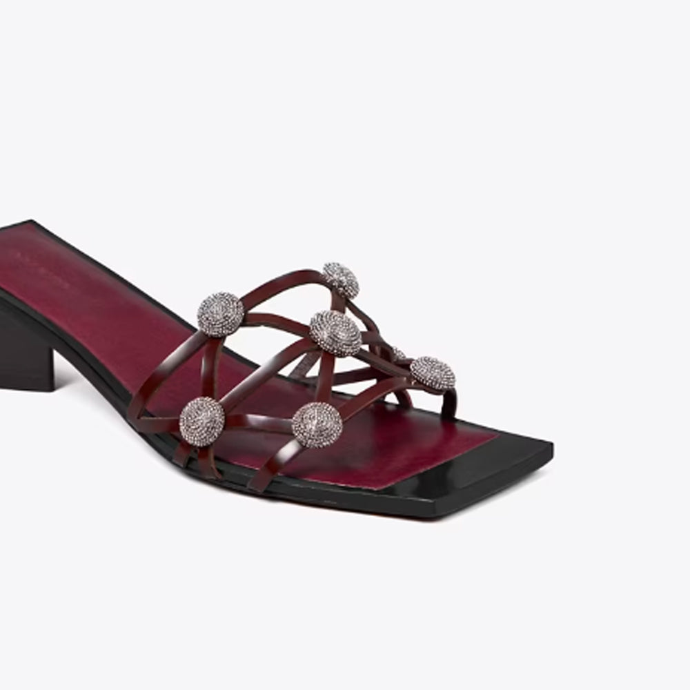 Tory Burch- Crystal Bobble Heeled Mule Sandal - Plum / Plum