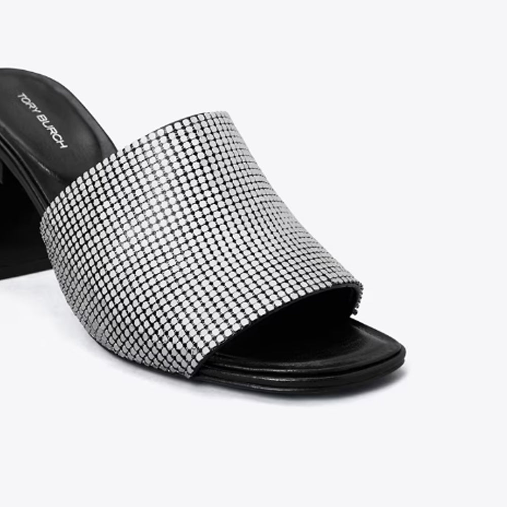 Tory Burch- Block T Chainmail Mule Sandal - Silver / Perfect Black