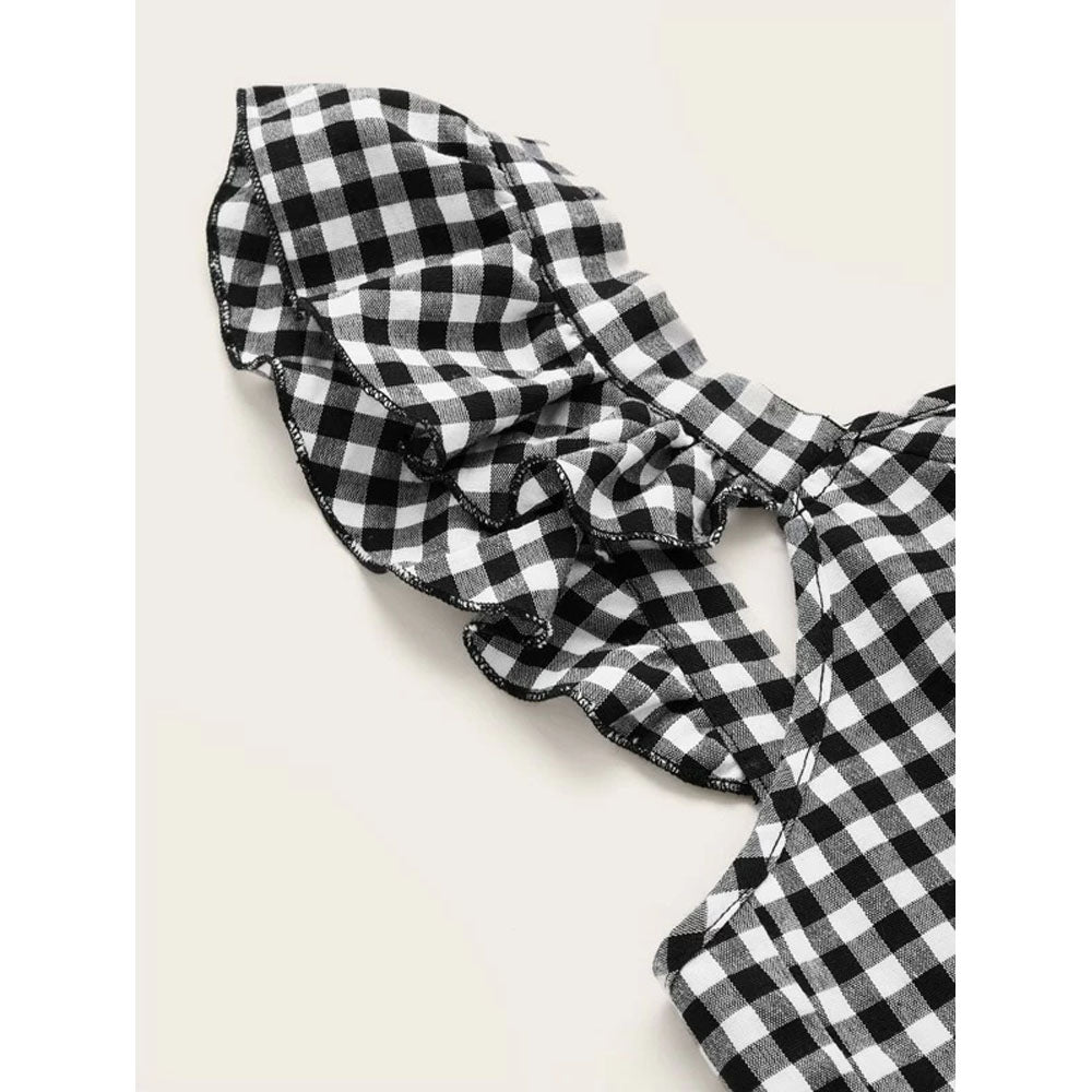 Romwe- Ruffle Strap Tied Open Back Buffalo Plaid Top