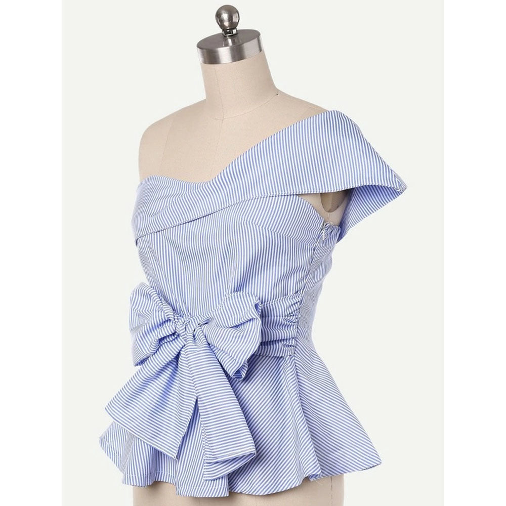 Romwe- Pinstriped One-Shoulder Bow Peplum Top