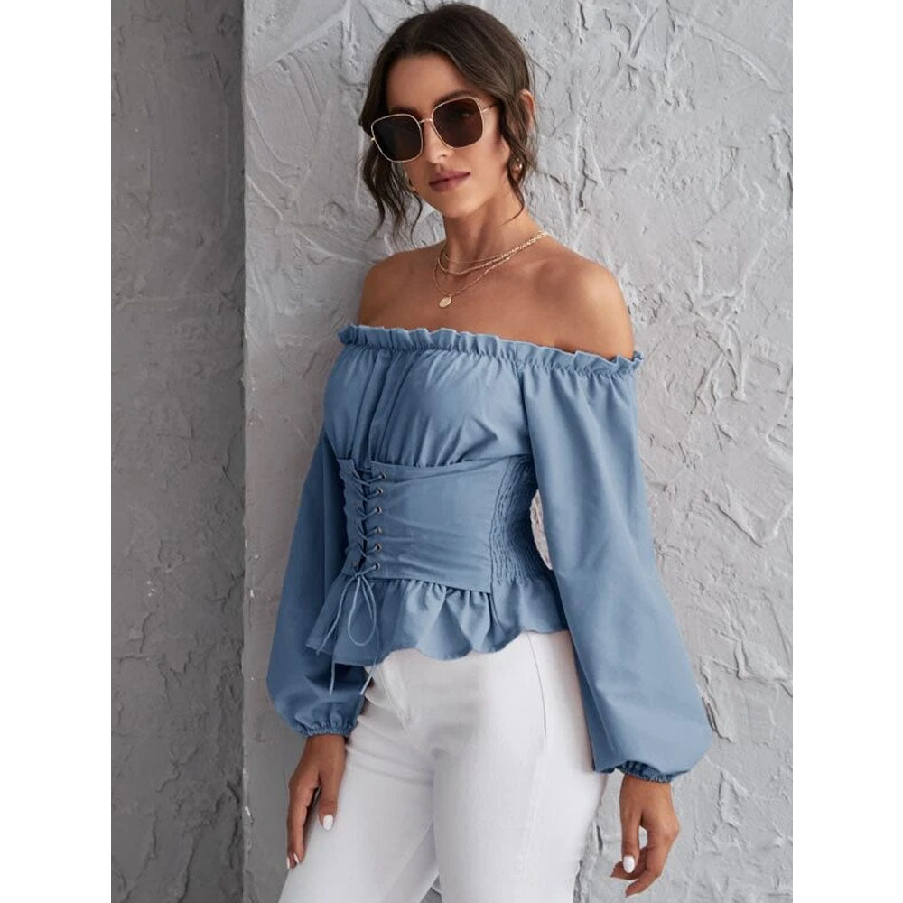 Romwe- Off Shoulder Shirred Back Corset Lace Up Peplum Top