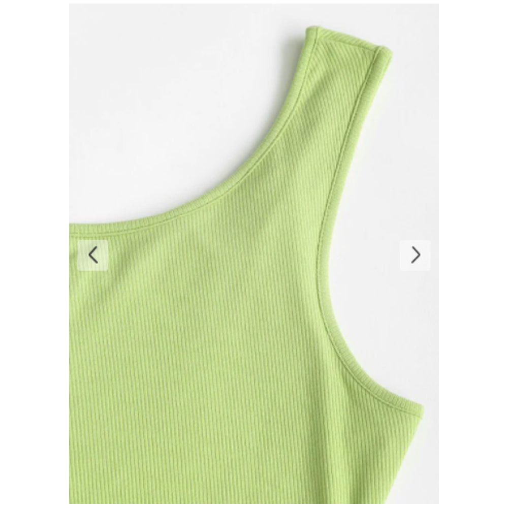 Zaful- One Shoulder Rib-knit Side Cutout Tie Top - Green
