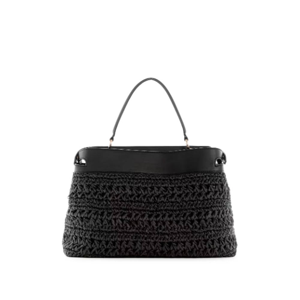 Guess- Liguria Crochet Straw Satchel (Black Floral Print)