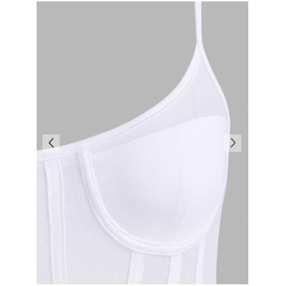 Zaful- Mesh Panel Corset Detail Snap Crotch Bustier Bodysuit - White