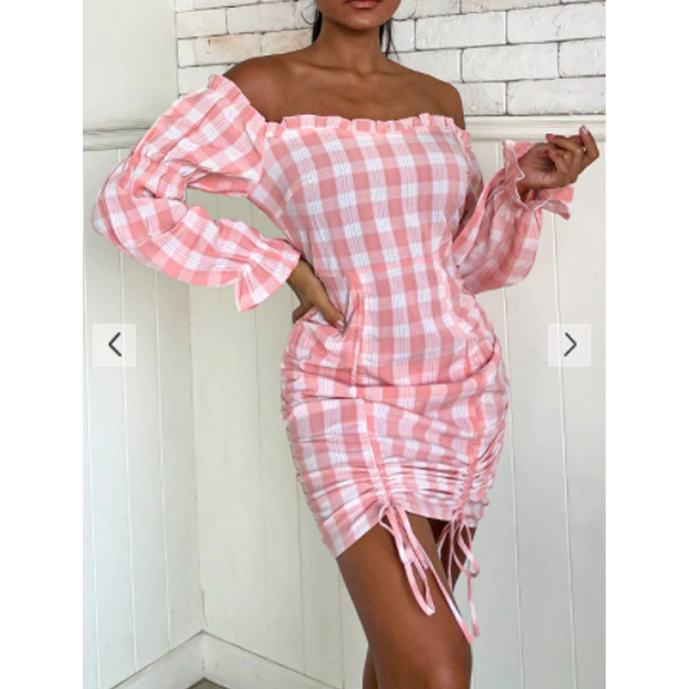 Zaful- Off Shoulder Cinched Plaid Mini Dress Pink – Amreki