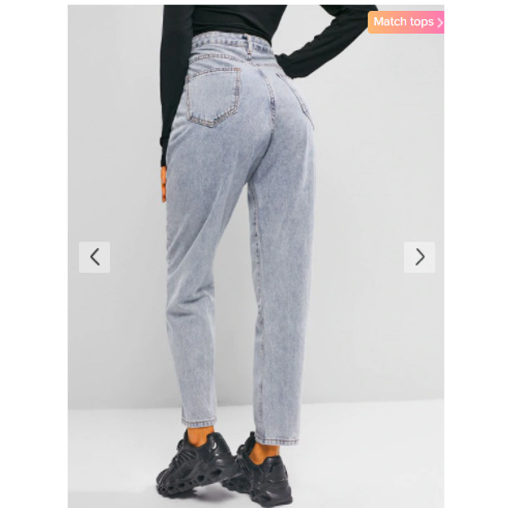 Zaful- Zipper Fly Pocket Mom Jeans - Light Blue