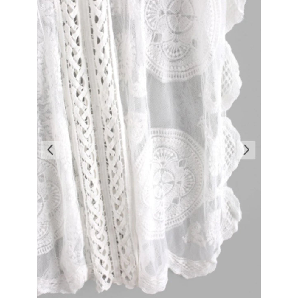 Zaful- Embroidered Sheer Mesh Kaftan Dress - White