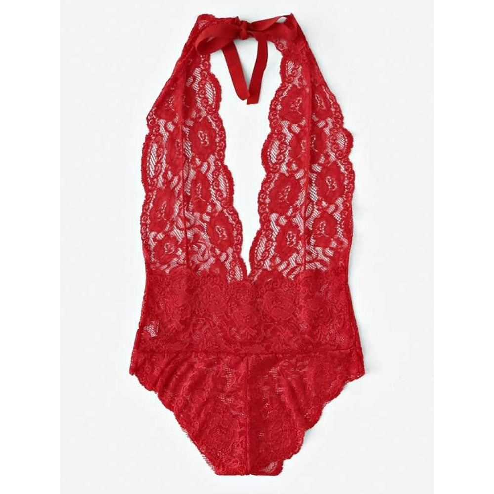 Romwe- Scalloped Trim Floral Lace Teddy Bodysuit