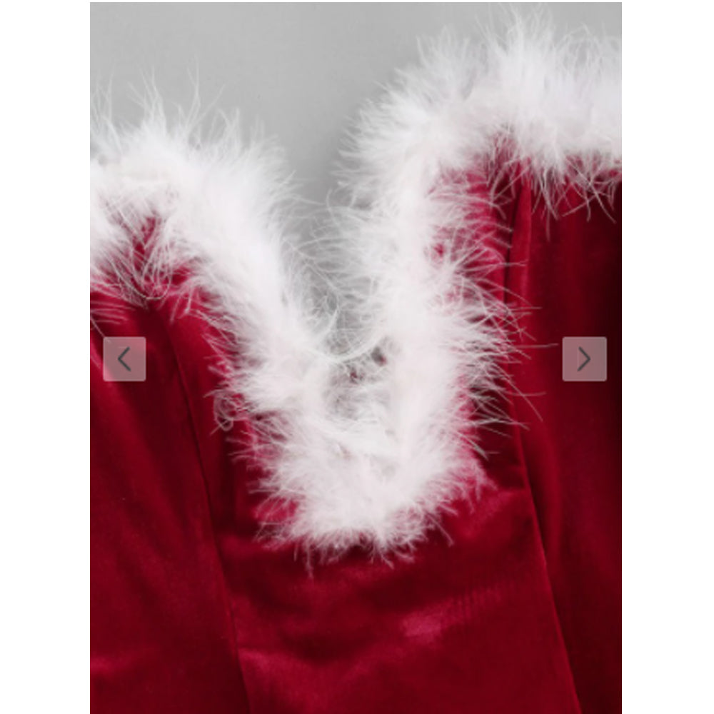 Zaful-  Faux Feather Lace Up Velvet V Wired Bandeau Bodysuit - Red