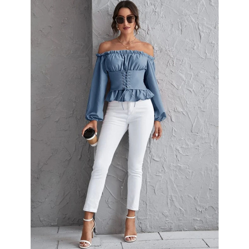 Romwe- Off Shoulder Shirred Back Corset Lace Up Peplum Top