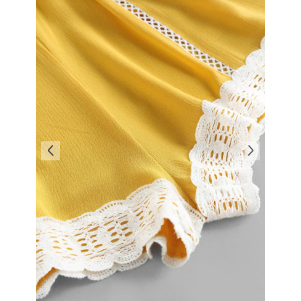 Zaful- Lace Insert Hollow Out Crisscross Backless Romper - Goldenrod