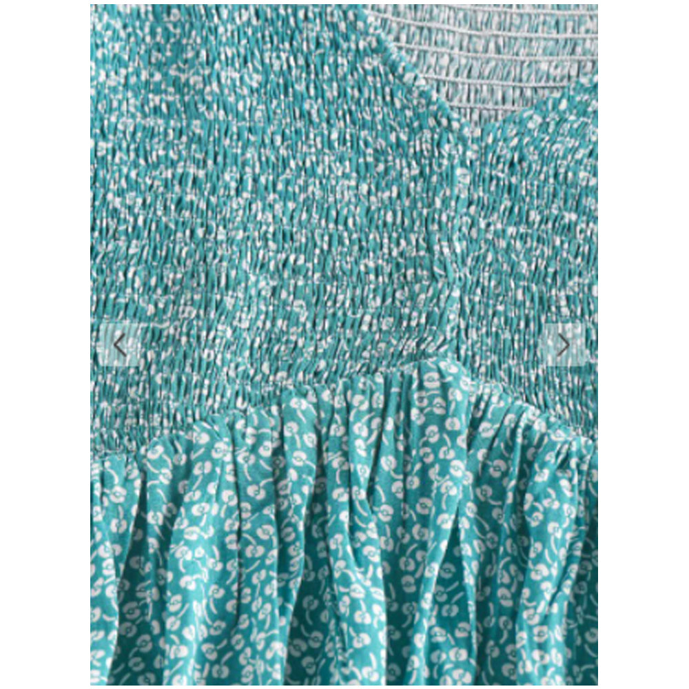 Zaful- Ditsy Print Smocked Puff Sleeve Peplum Blouse - Light Green