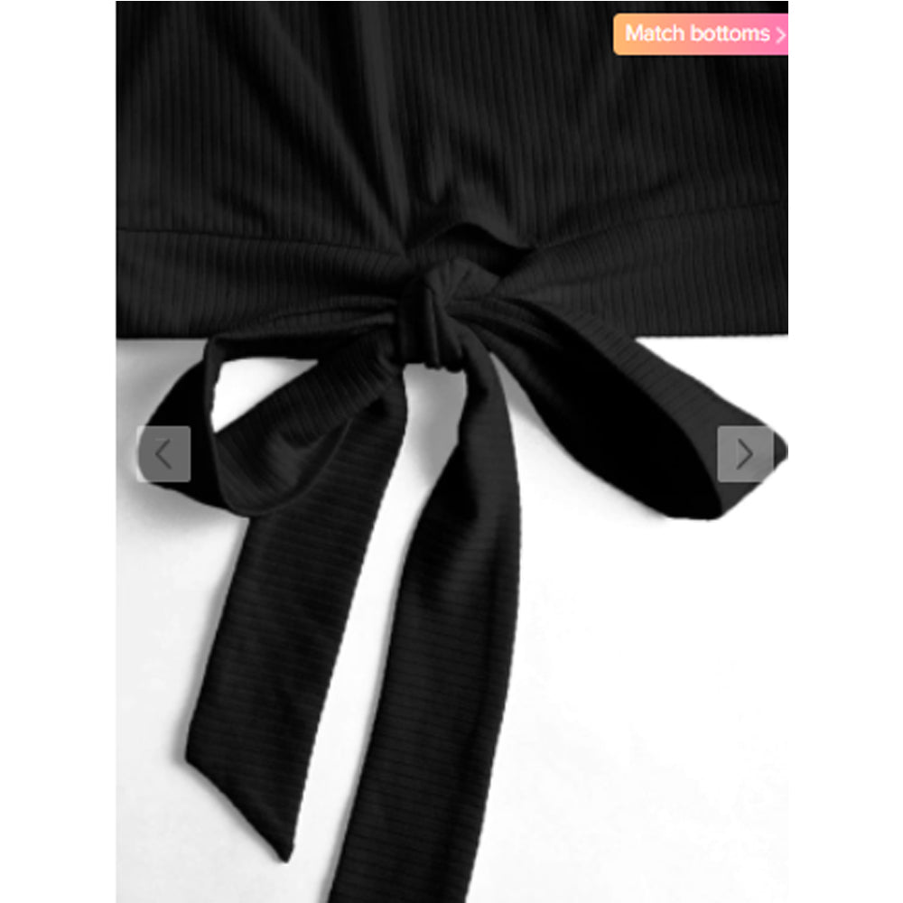 Zaful- Off Shoulder Ribbed Knotted Frilled Crop Tee - Black