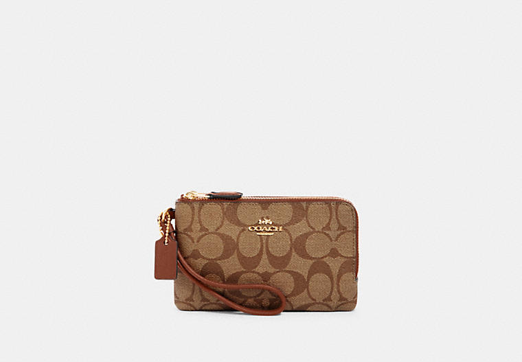Coach- Double Corner Zip Wristlet In Signature Canvas (Gold/Khaki Redwood)