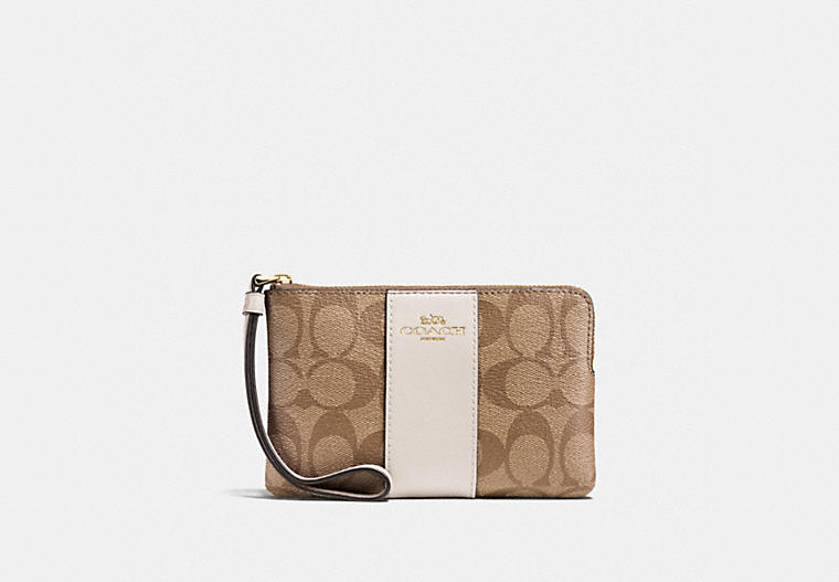 Coach- Corner Zip Wristlet In Signature Canvas (Gold/KHAKI/CHALK)