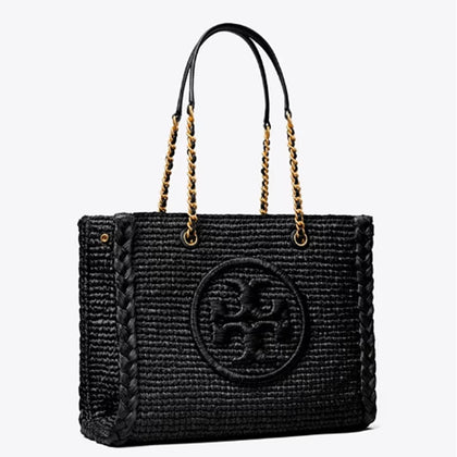 Tory Burch- Small Ella Raffia Melange Chain Tote (Black)