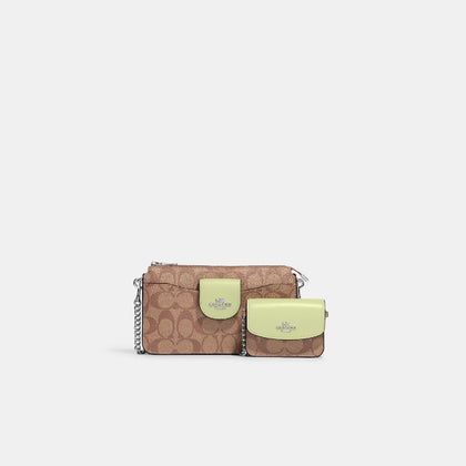 Coach- Poppy Crossbody With Card Case In Signature Canvas (Silver/Khaki/Pale Lime)