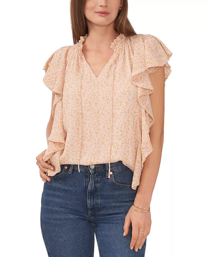 Macy's- Women's Floral-Print Flutter-Sleeve Tie-Neck Blouse