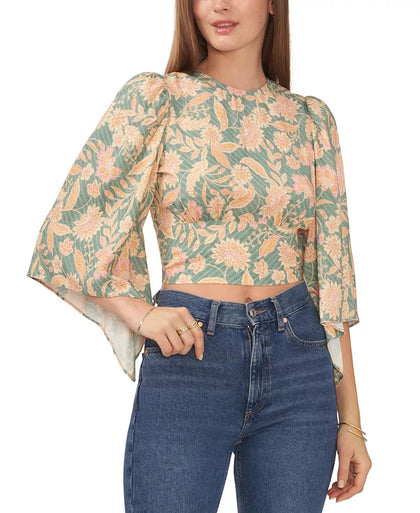 Macy's- Women's Floral-Print Cropped Bell-Sleeve Top