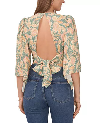 Macy's- Women's Floral-Print Cropped Bell-Sleeve Top