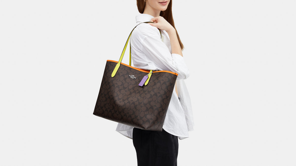 Coach- City Tote In Colorblock Signature Canvas - Silver/Brown/Iris Mu ...
