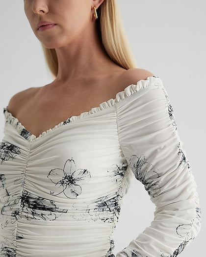 Express- Body Contour Compression Floral Off The Shoulder Thong Bodysuit - White Print 29