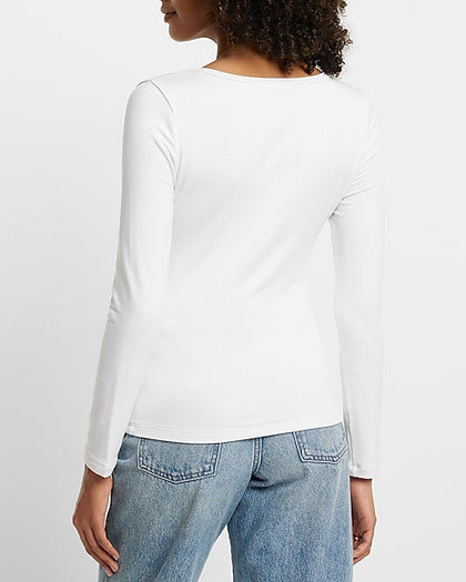 Express- Supersoft Fitted V-Neck Long Sleeve Tee - White 1