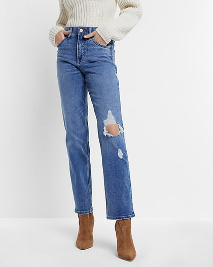 Express- High Waisted Medium Wash Ripped Modern Straight Jeans - Medium Wash 20