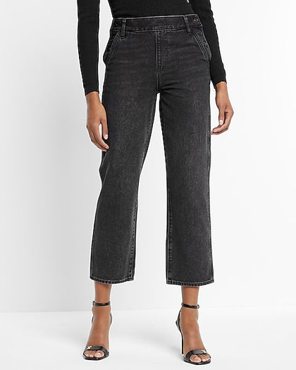 Express- High Waisted Washed Black Side Button Straight Ankle Jeans - Pitch Black 58