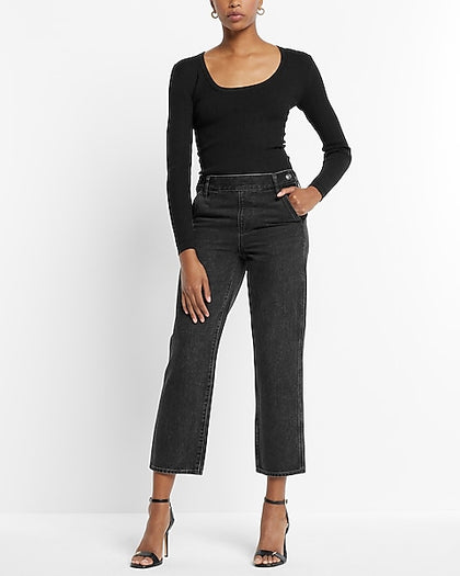 Express- High Waisted Washed Black Side Button Straight Ankle Jeans - Pitch Black 58