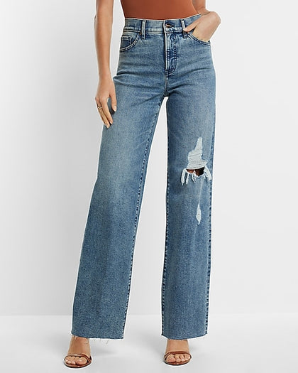 Express- High Waisted Medium Wash Ripped Wide Leg Jeans - Medium Wash 20