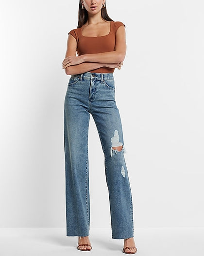 Express- High Waisted Medium Wash Ripped Wide Leg Jeans - Medium Wash 20