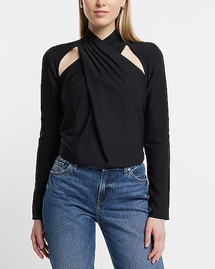 Express- Twist Neck Cutout Long Sleeve Open Back Top - Pitch Black 58