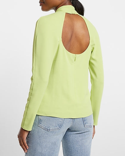 Express- Twist Neck Cutout Long Sleeve Open Back Top - Lemon Yellow 119