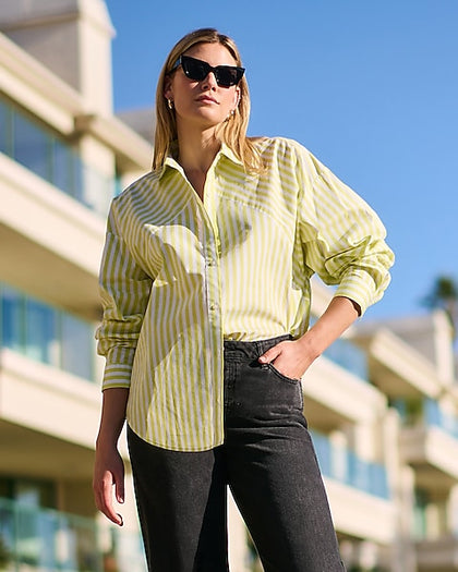 Express- Cotton-Blend Striped Boyfriend Portofino Shirt - Green Stripe 36