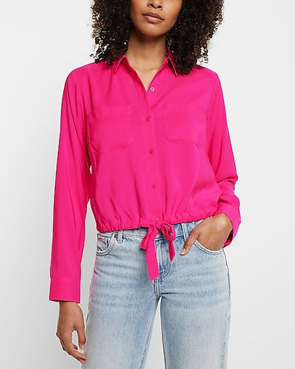 Express- Cinched Tie Bottom Relaxed Portofino Shirt - Neon Berry 259