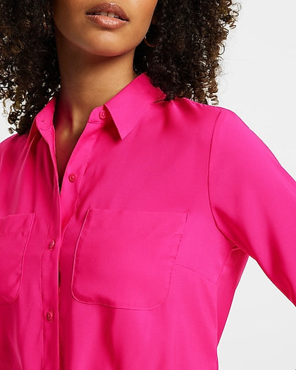 Express- Cinched Tie Bottom Relaxed Portofino Shirt - Neon Berry 259