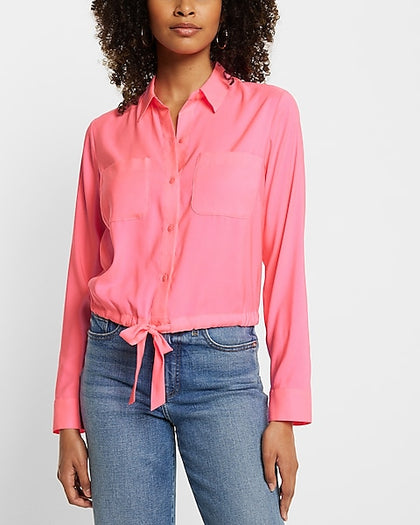 Express- Cinched Tie Bottom Relaxed Portofino Shirt - Gum Pop 2919