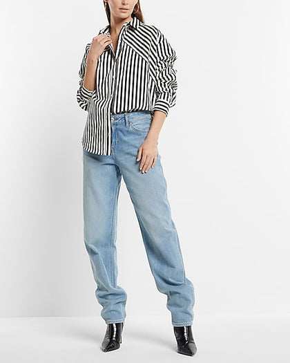 Express- Cotton-Blend Striped Boyfriend Portofino Shirt - Black Print 11