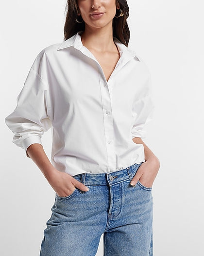Express- Cotton-Blend Boyfriend Portofino Shirt - White 1