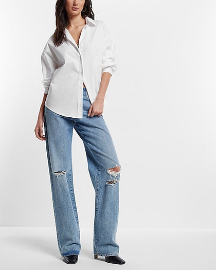 Express- Cotton-Blend Boyfriend Portofino Shirt - White 1