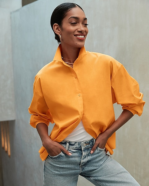 Express Cotton Blend Boyfriend Portofino Shirt Orange Mango 309